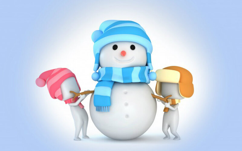 Children Building Snowman — Blue, Playful, Winter