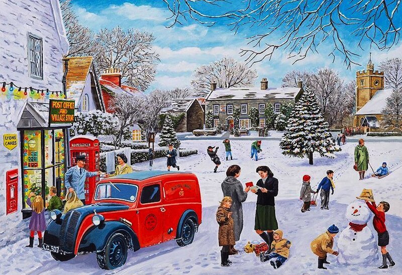 Children Building Snowman — Red, Festive
