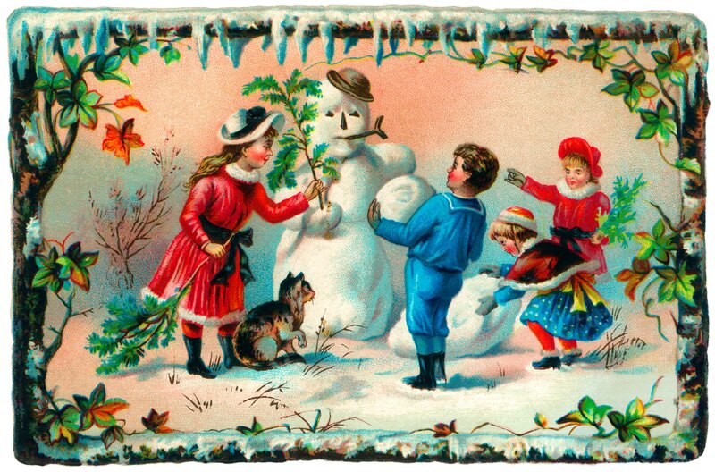 Children Building Snowman — Red, Festive, Winter, Illustration