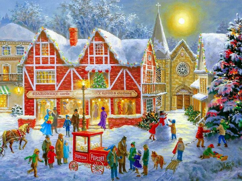 Children Building Snowman — Red, Festive, Winter, Painting, Christmas Tree
