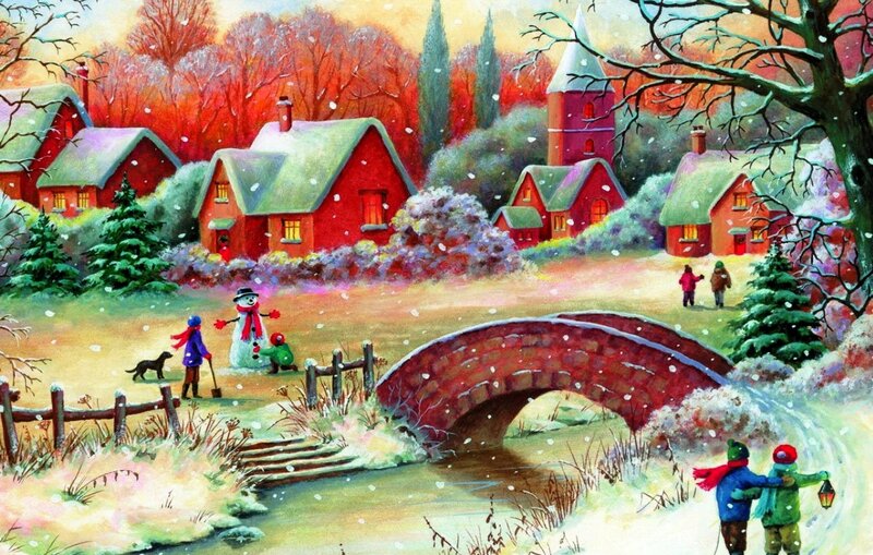 Children Building Snowman — Red, Festive, Winter, Painting