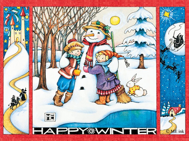 Children Building Snowman — Red, Festive, Winter