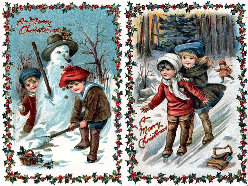 Children Building Snowman — Red