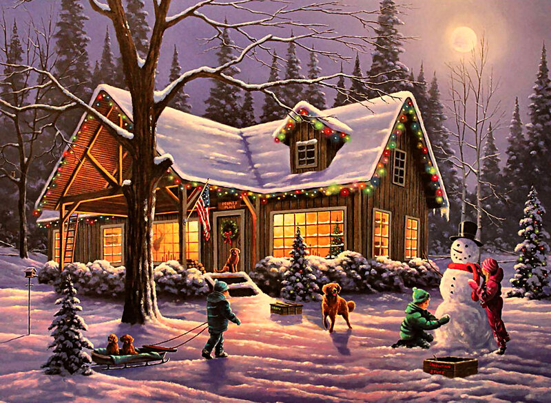 Children Building Snowman — White, Festive, Night
