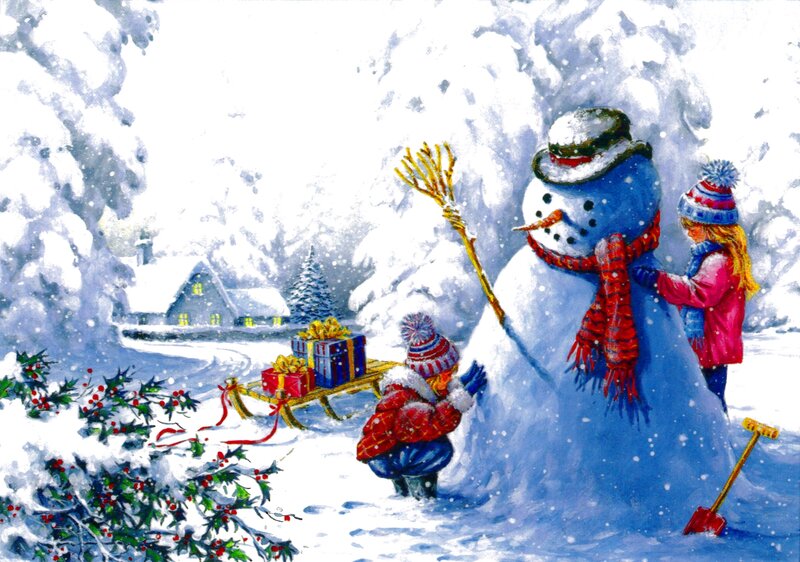 Children Building Snowman — White, Festive, Winter, Illustration, Sled