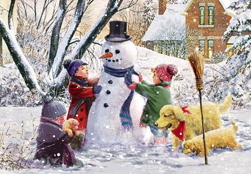 Children Building Snowman — White, Festive, Winter, Illustration