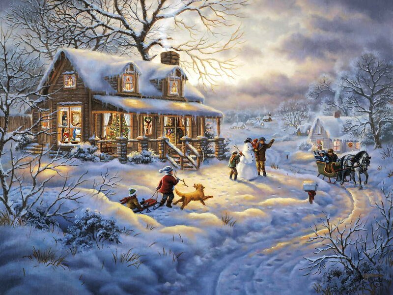 Children Building Snowman — White, Festive, Winter