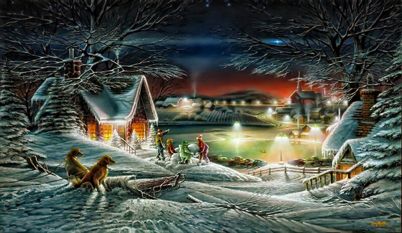 Children Building Snowman — White, Peaceful, Night