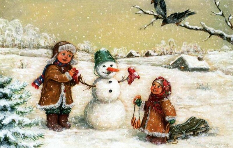 Children Building Snowman — White, Peaceful, Winter, Painting, Sled