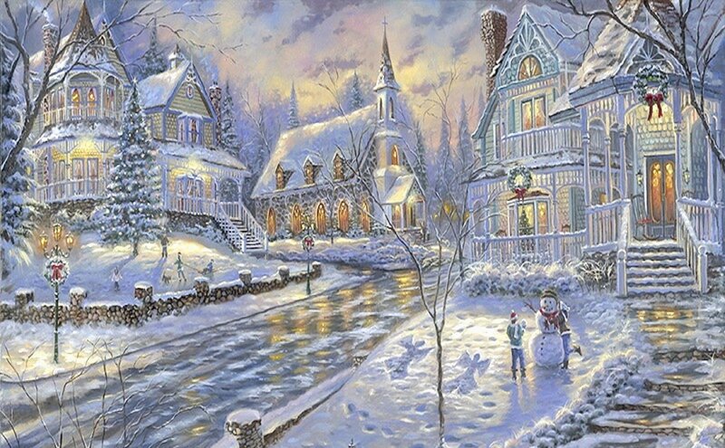 Children Building Snowman — White, Peaceful, Winter, Painting, Snow