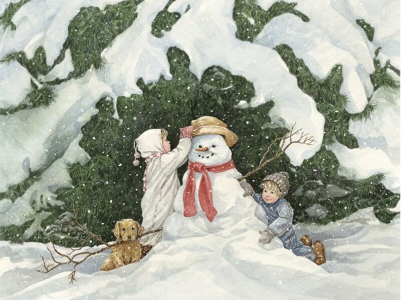 Children Building Snowman — White, Peaceful, Winter