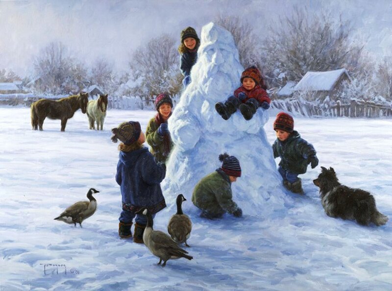 Children Building Snowman — White, Playful, Winter, Painting, Geese