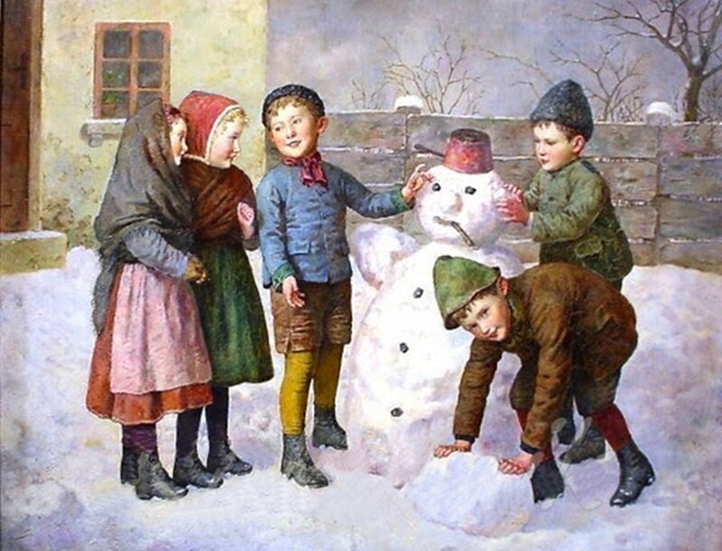 Children Building Snowman — White, Playful, Winter, Painting, Snow