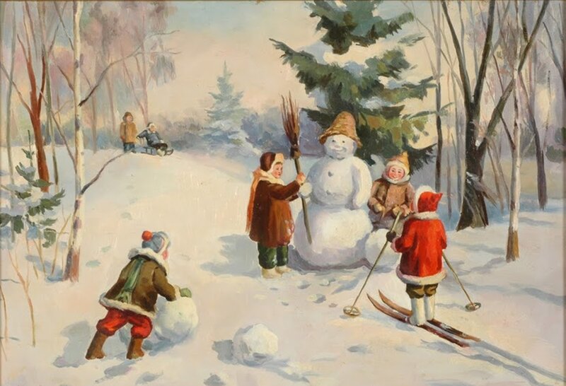 Children Building Snowman — White, Playful, Winter