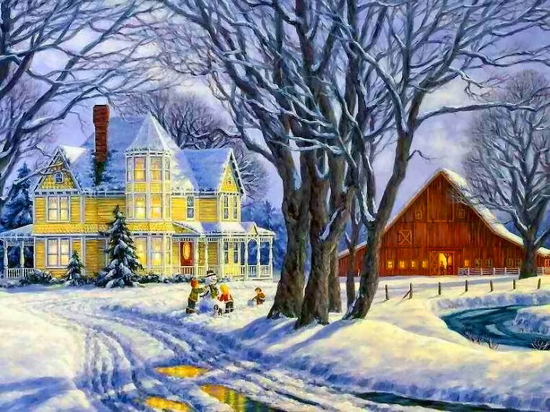 Children Building Snowman — Yellow