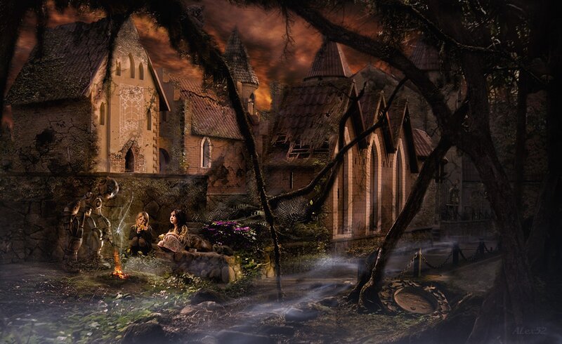 Children by a campfire in a fantasy village