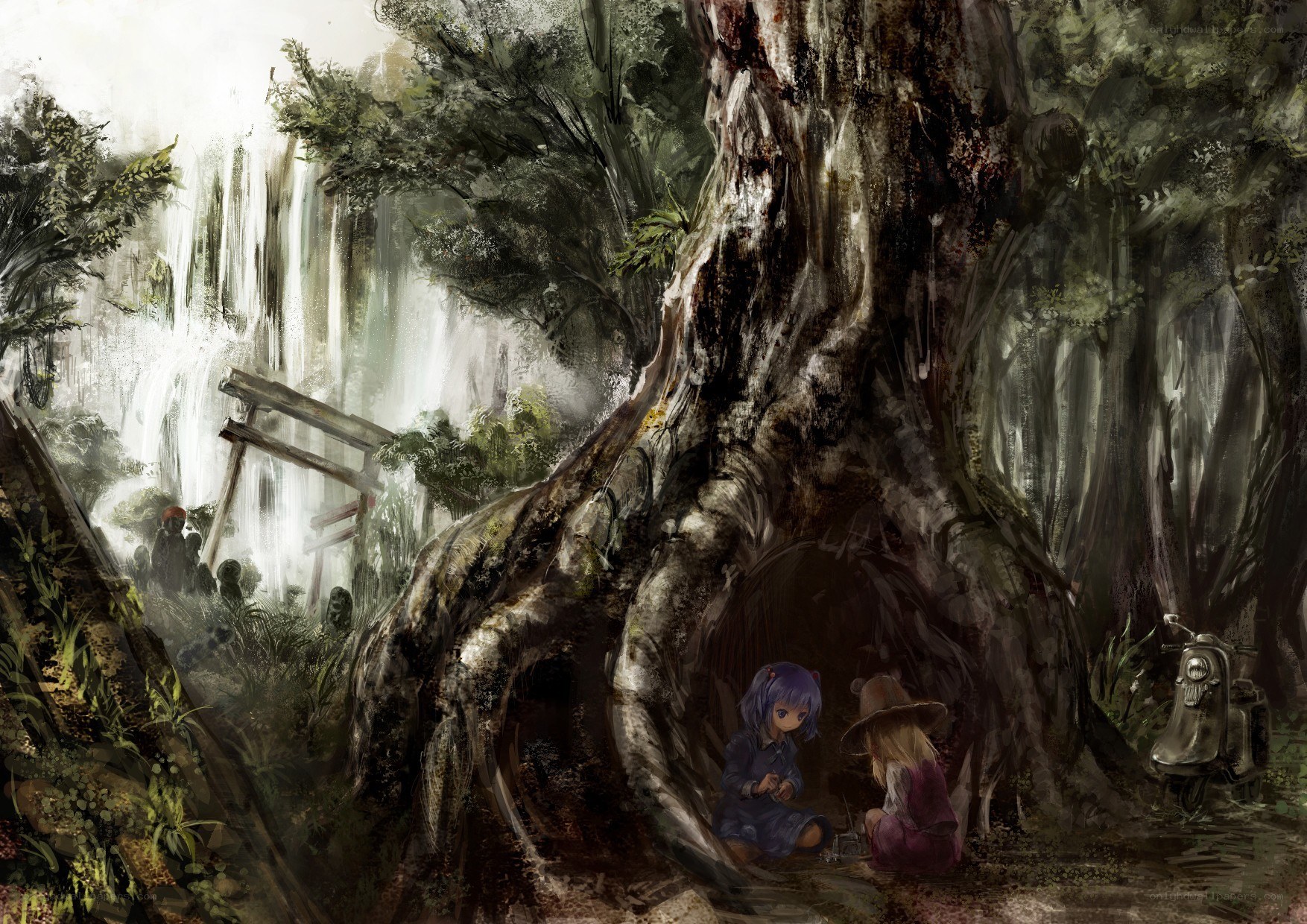 Children by a giant tree