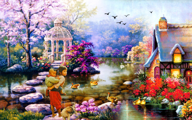 Children by a Pond — Purple