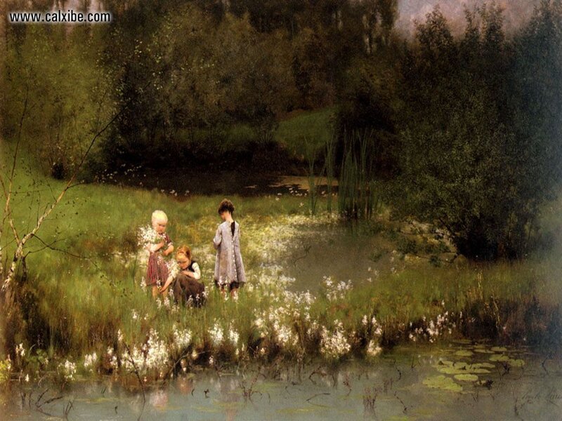 Children by a pond