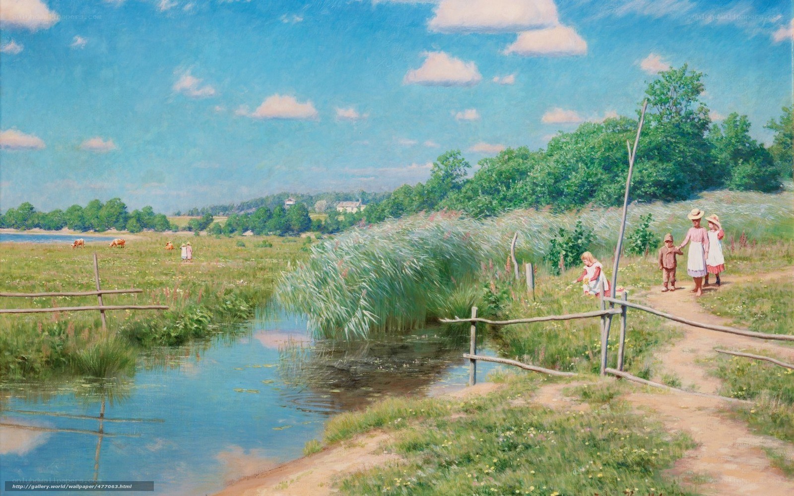 Children by a river in summer
