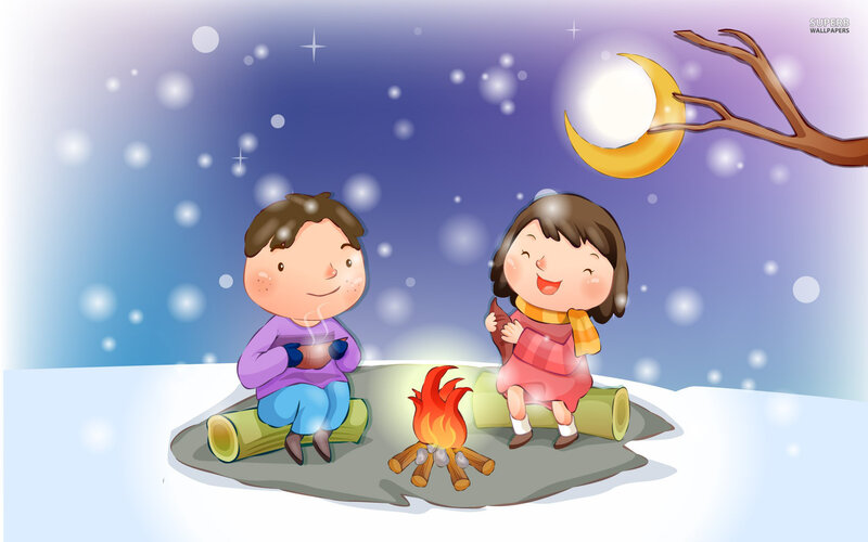 Children by Campfire — Blue, Cozy