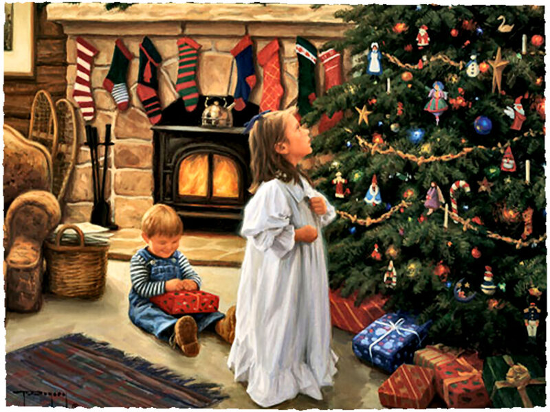 Children by Christmas Tree — Green, Festive