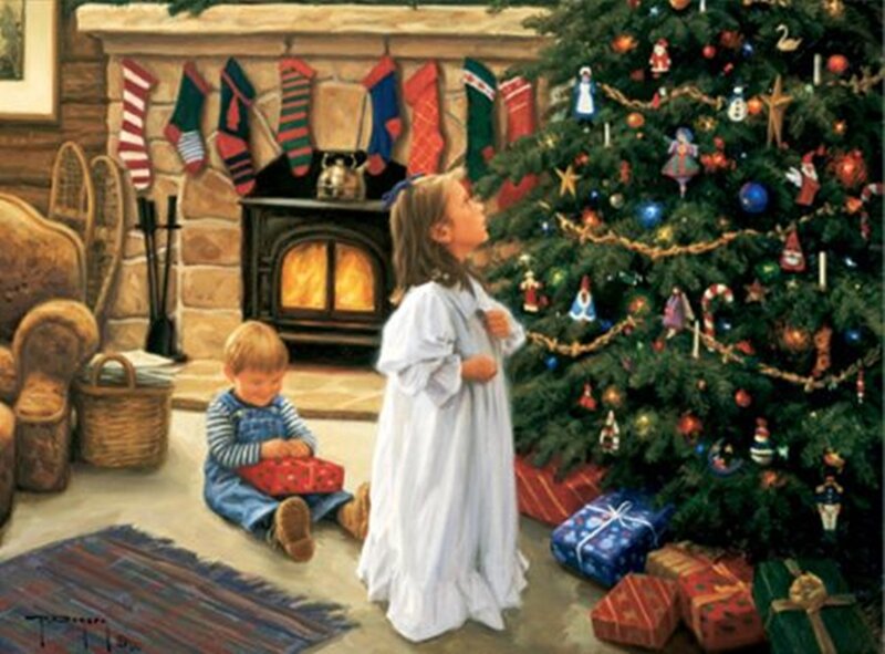 Children by Christmas Tree — Green, Festive, Winter