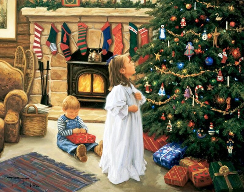 Children by Christmas Tree — Green