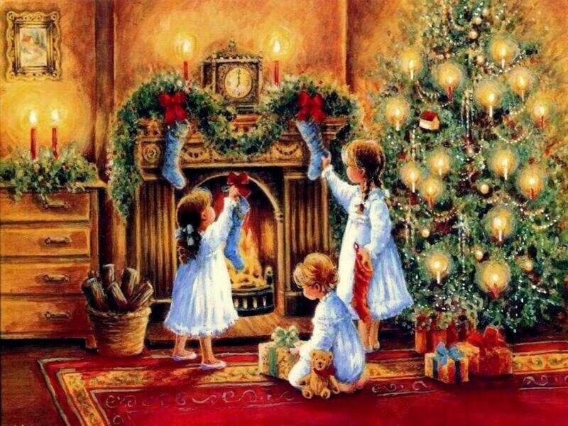 Children by Christmas Tree — Red, Festive