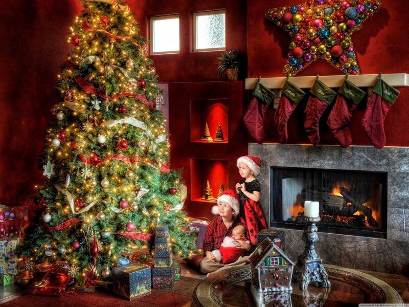 Children by Christmas Tree — Red, Festive, Winter
