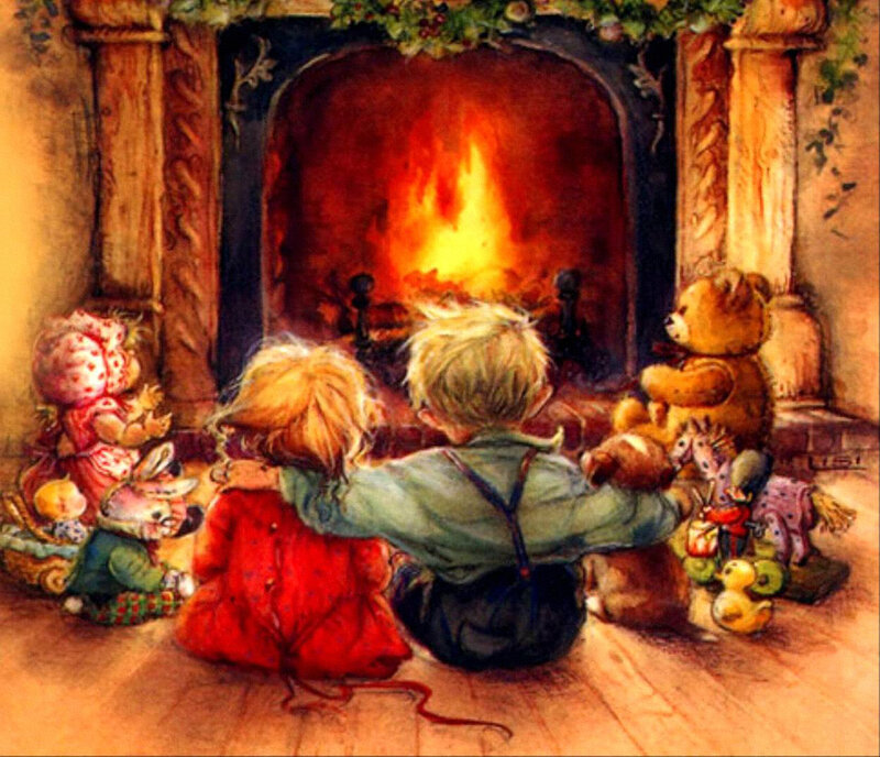 Children by Fireplace — Red, Cozy, Night