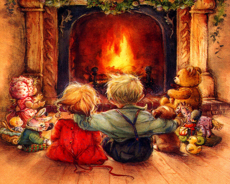 Children by Fireplace — Red, Cozy