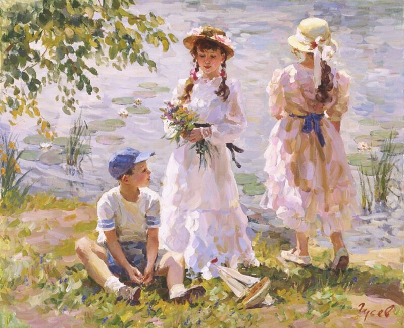 Children by Pond — White
