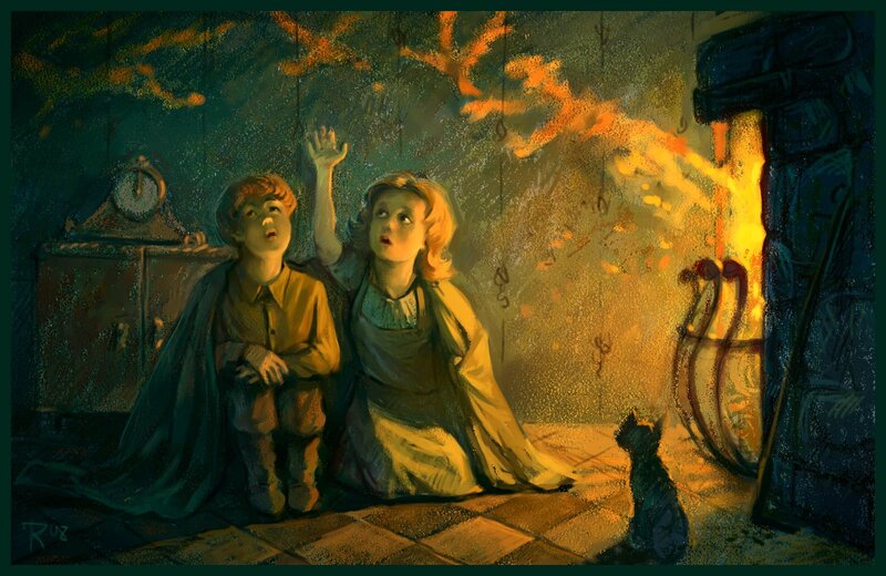 Children by the fireplace