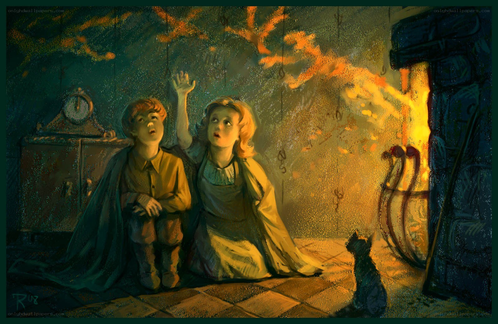 Children by the fireplace