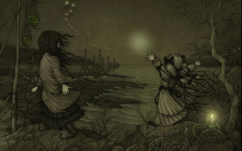 Children by the river at night