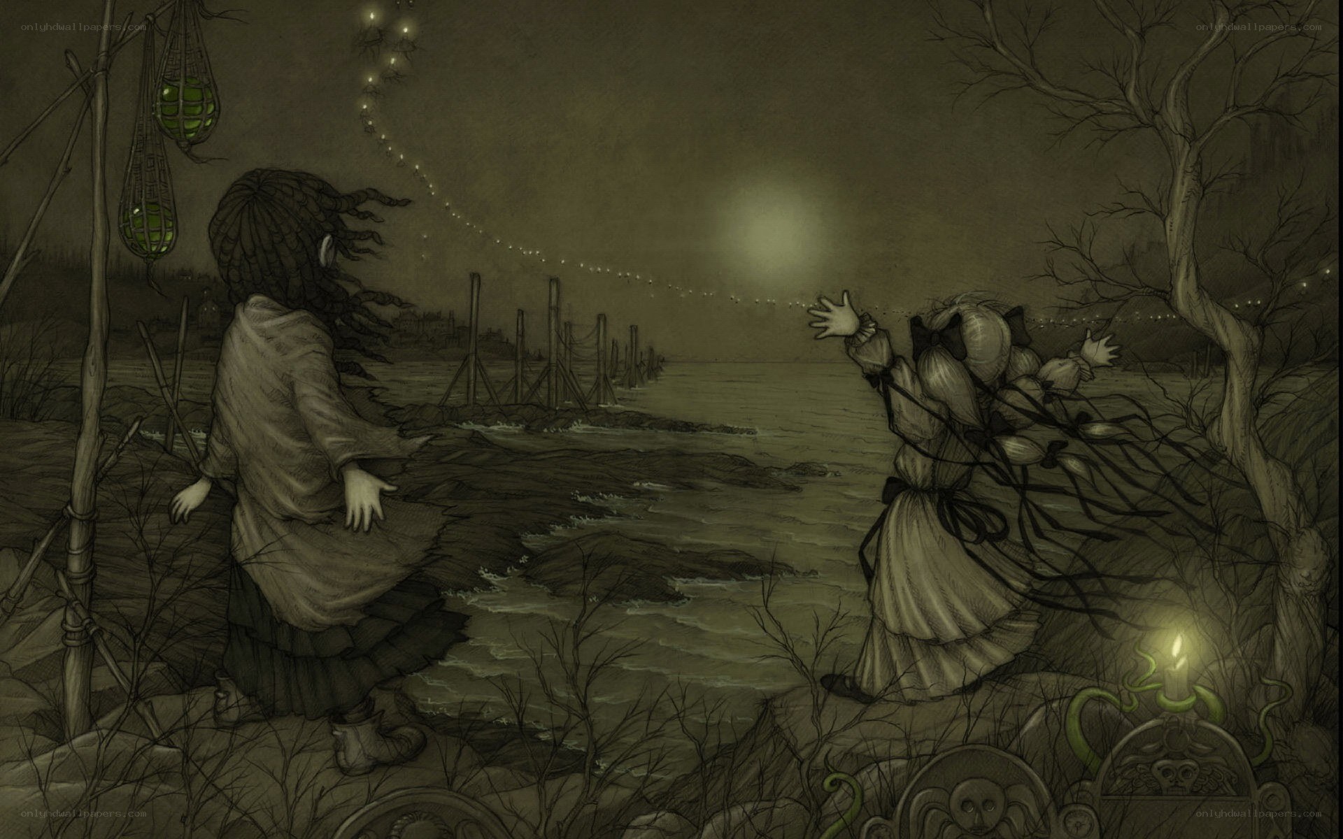 Children by the river at night