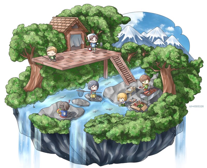 Children Camping by River — Green