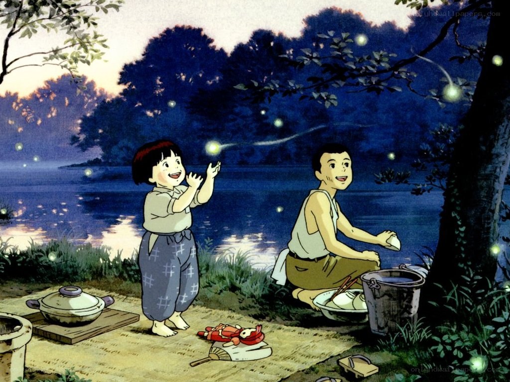 Children catching fireflies by the river