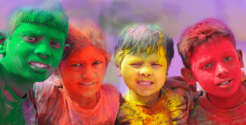 Children Covered in Colored Powder — Green