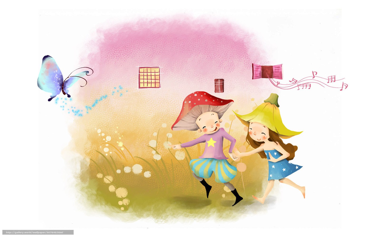 Children dancing in a whimsical garden