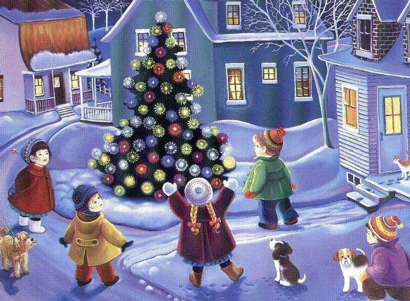 Children Decorating a Tree — Blue