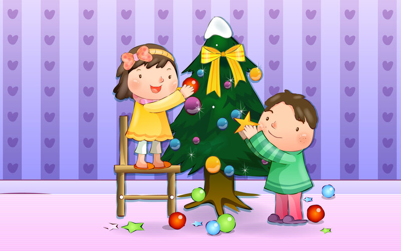 Children Decorating a Tree — Green