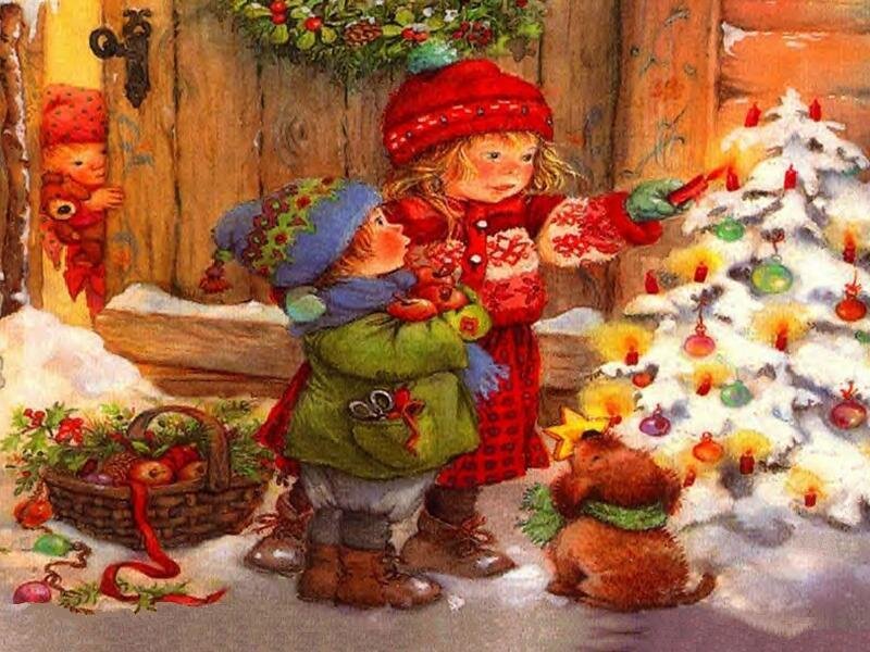 Children Decorating a Tree — Red