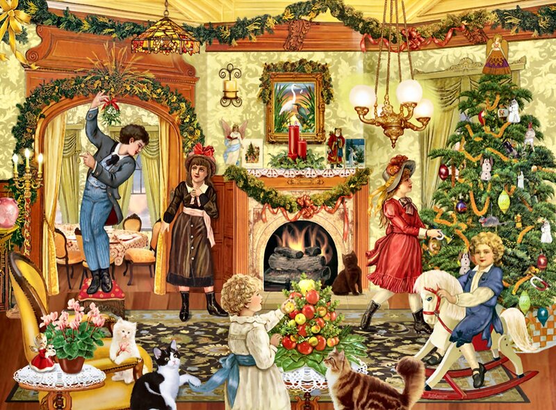 Children Decorating Christmas Tree — Green