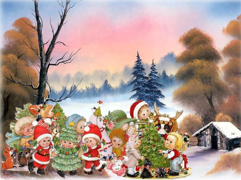 Children Decorating Christmas Trees
