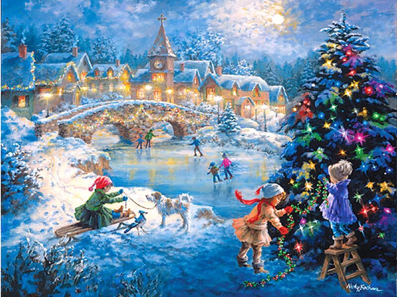 Children Decorating Tree — Blue, Festive, Night