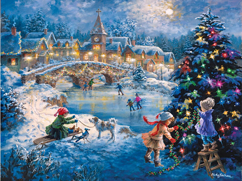 Children Decorating Tree — Blue