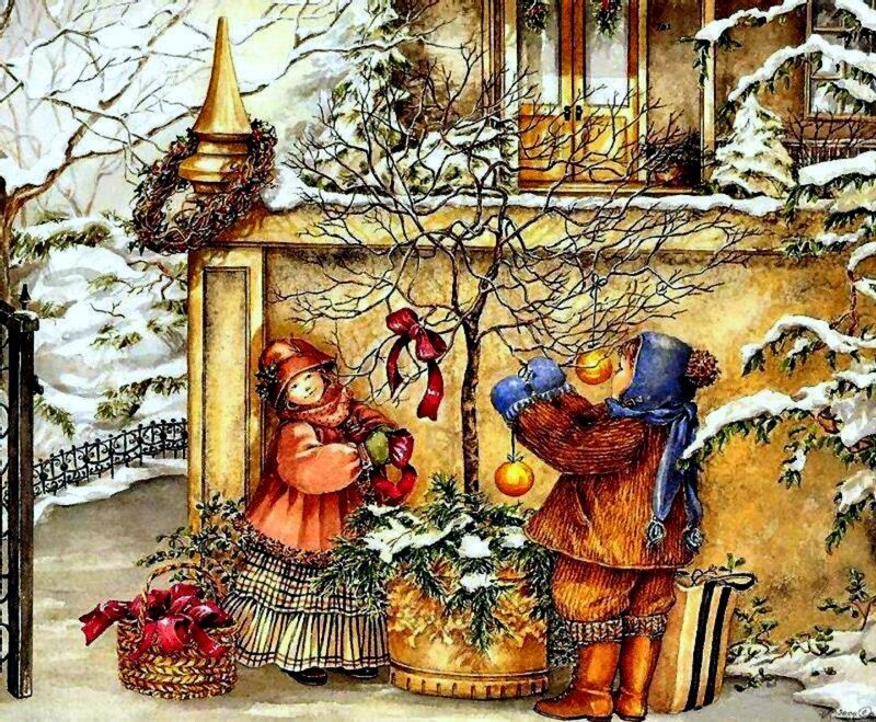 Children Decorating Tree — Brown