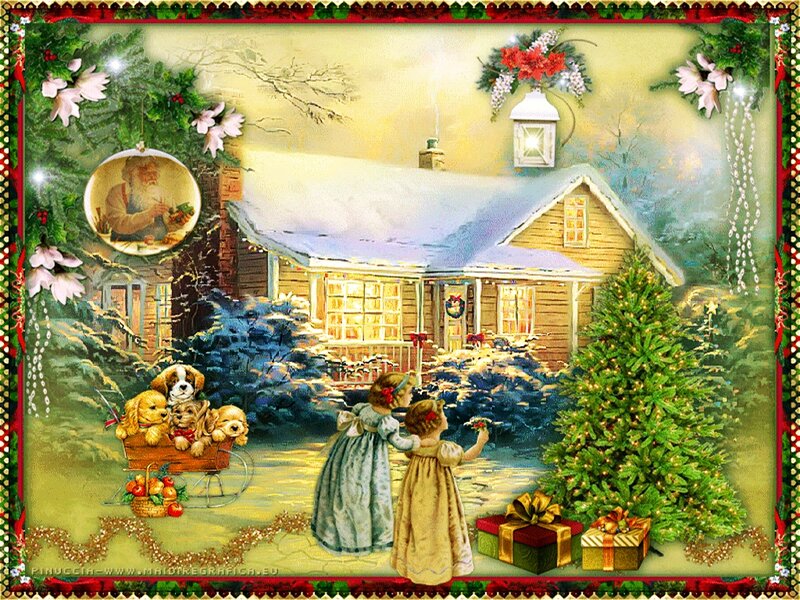 Children Decorating Tree — Green, Festive
